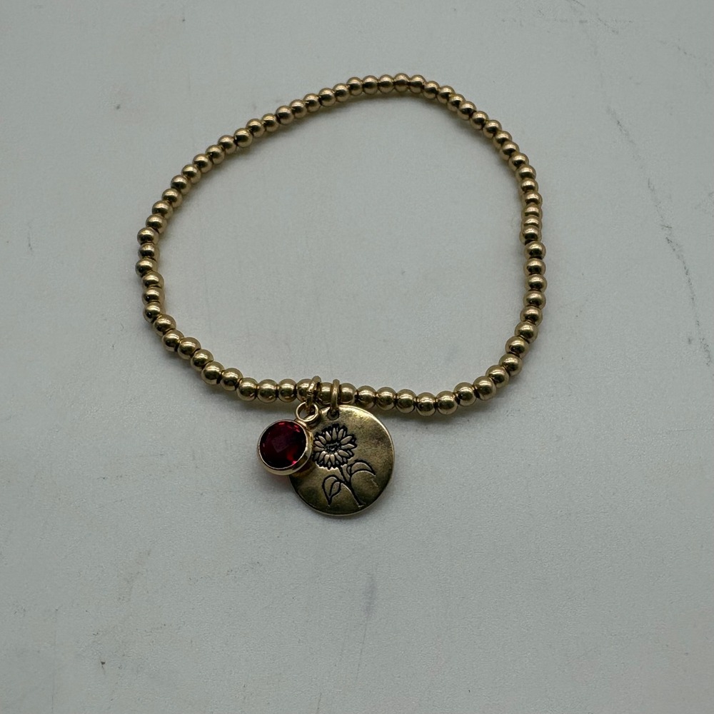 Demdaco Gold Beaded Stretch Bracelet Sunflower Charm Red Birthstone‎ Crystal